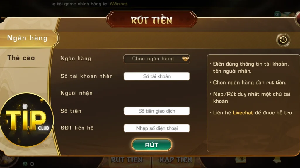 Các hình thức rút tiền Tip Club